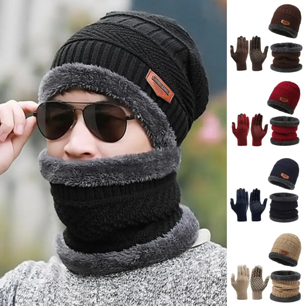 Windproof Hat Scarf Glove Set Cozy Winter Accessories Set Knitted Hat Scarf Gloves for Men Soft Warm Windproof Outdoor Cycling