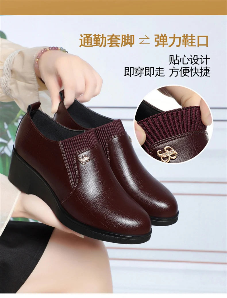 4.5cm Comfortable Deep Mouth Soft Leather Shoes Flexible Loafers Women 2024 Spring Platform Wedges Shoes for Office Mom Work