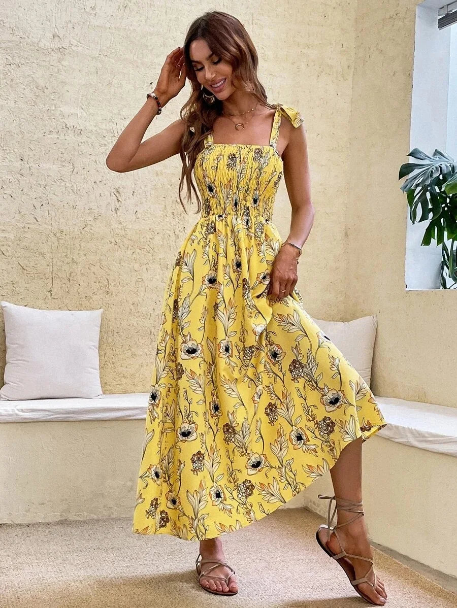 Floral Long Dress Women Fashion Backless Sleeveless Bandage Beach Sundress Casual Green Summer Ladies New In Dresses 2023