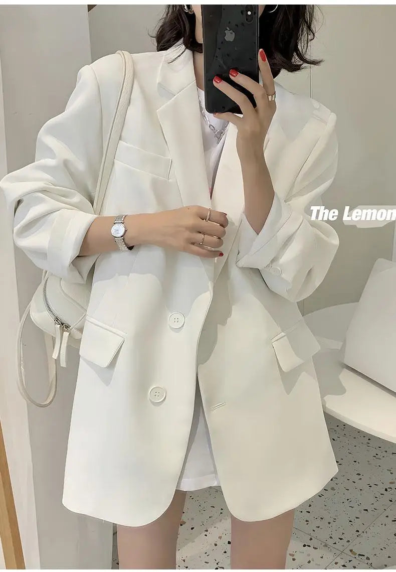 Spring Summerthin Loose Office Lady Fashionable Solid Color Blazers Button Pockets Notched Women's Clothing Long Sleeve Sweet