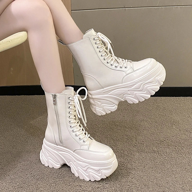 Punk Super High Platform Boots Women Chunky Heels Lace Up Motorcycle Boots Woman Black White Thick Bottom Ankle Booties Female