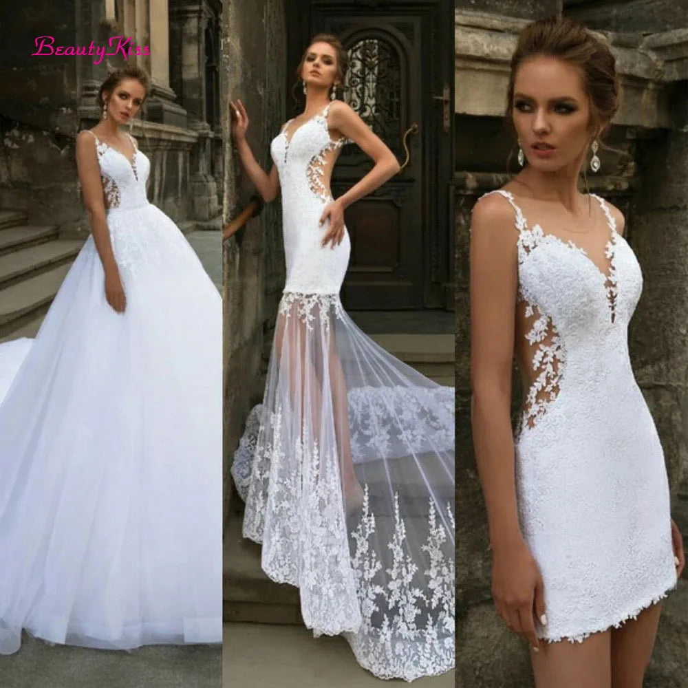 Modern Short Mermaid Wedding Dress with Detachable Train Three Pieces 3 in 1 Lace Applique Sheer Neck Backless Bridal Gowns 2023