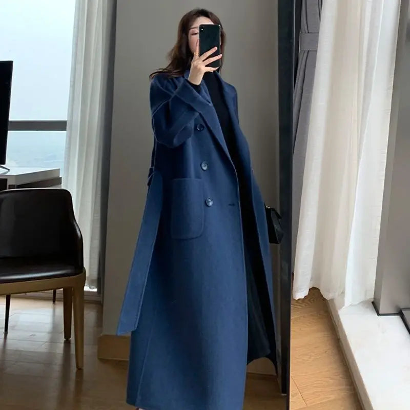 Winter Trench Coat For Women Elegant Fashion Korean Casual Wool Coat Navy Blue Lace-up Long Jacket  Black Woman Coat With Blet