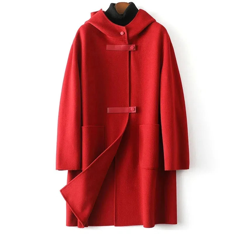 New Fashion Hooded Double-sided Cashmere Coat Women Autumn Winter Double-sided Woolen Windbreakers Temperament Slim Wool Coats