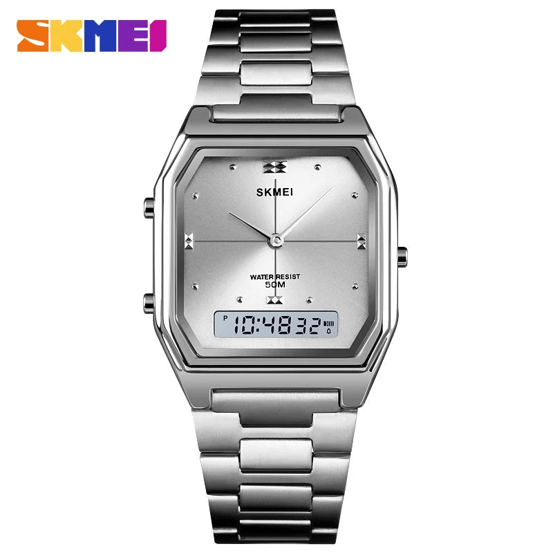 SKMEI 1612 Luxury Watch for Women Men Square Steel Waterproof Digital Girl Wristwatches Double Display Sport Leisure Clock 2258