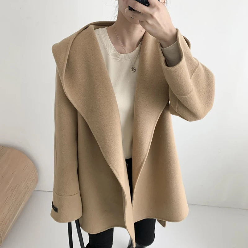 Elegant Wool Blends Coats Women Korean Black Hooded Woolen Jackets Ladies Fashion Bandage Overcoat Winter Commute Outerwears New