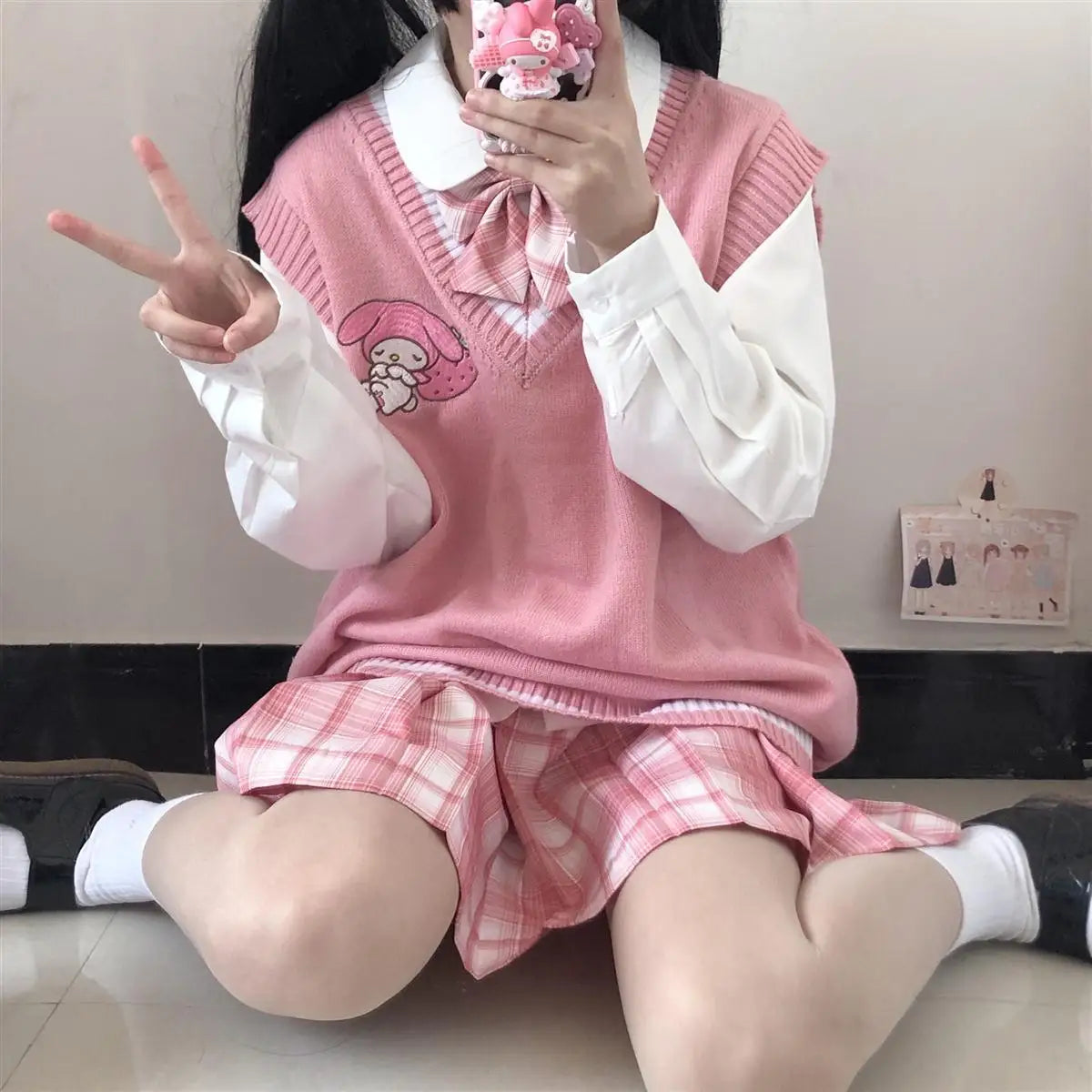 2024 School Kawaii Sweater Vest Cartoon Waistcoat Sweet Cute Preppy Style Women Pullover V-neck Embroidery Japanese Lolita Tops