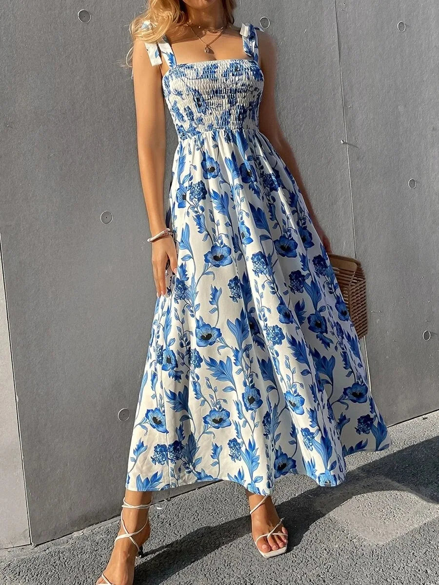 Floral Long Dress Women Fashion Backless Sleeveless Bandage Beach Sundress Casual Green Summer Ladies New In Dresses 2023