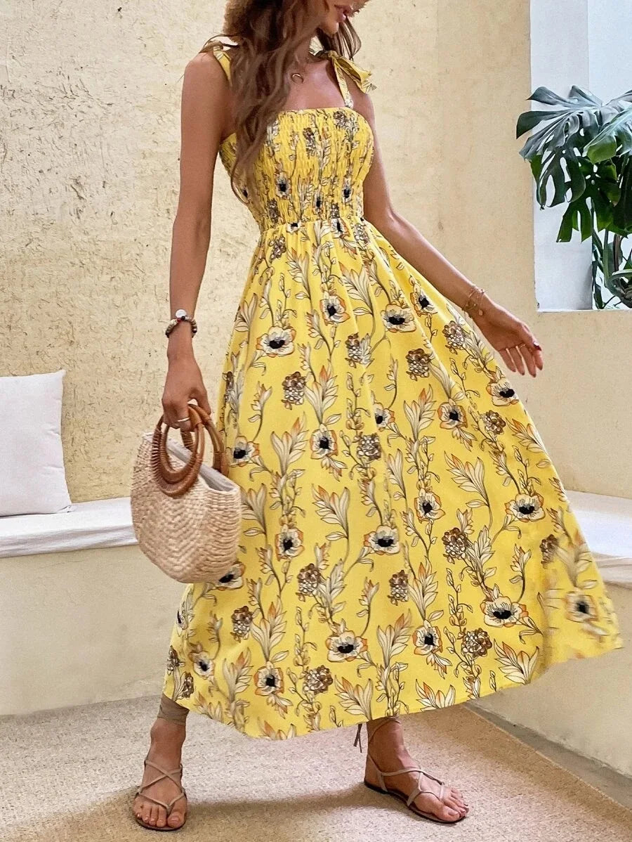 Floral Long Dress Women Fashion Backless Sleeveless Bandage Beach Sundress Casual Green Summer Ladies New In Dresses 2023