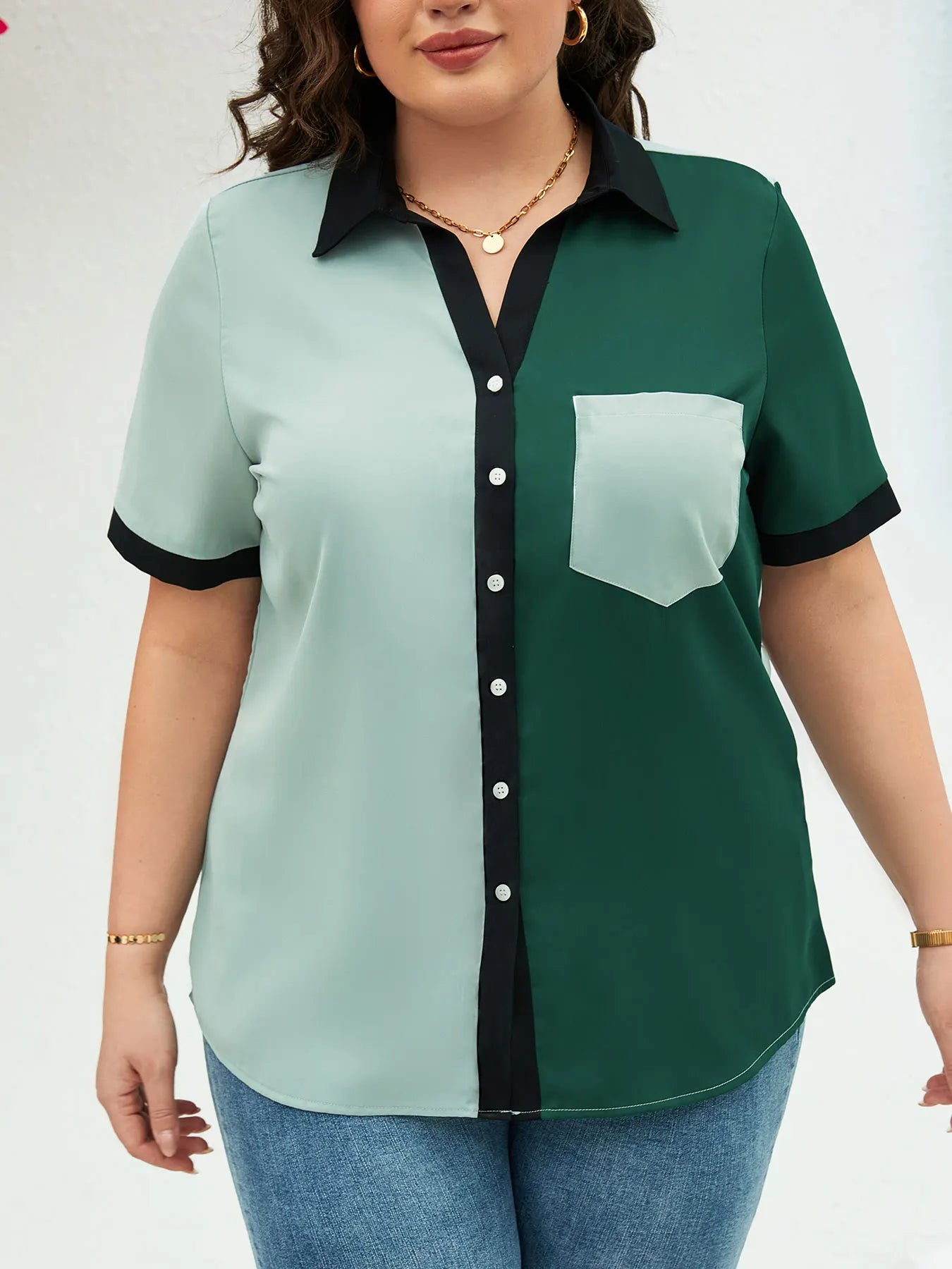 Plus Size Casual Blouse, Women's Plus Colorblock Button Up Short Sleeve Turn Down Collar Blouse