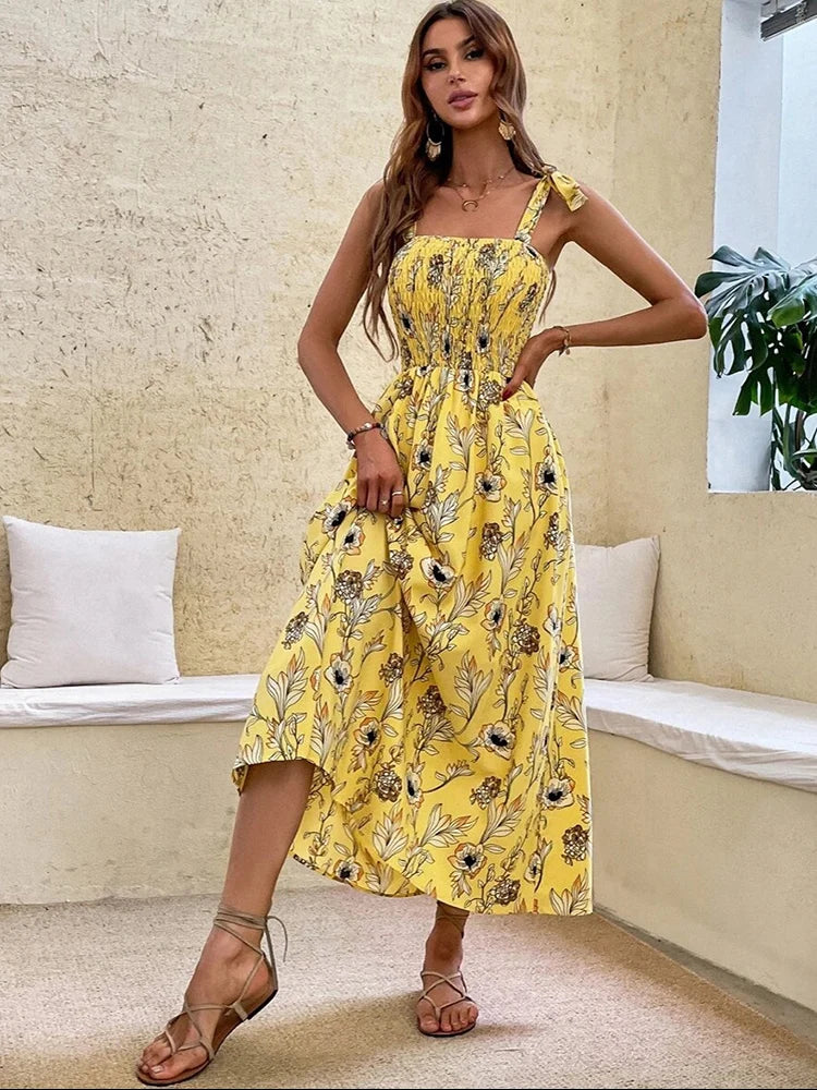 Floral Long Dress Women Fashion Backless Sleeveless Bandage Beach Sundress Casual Green Summer Ladies New In Dresses 2023