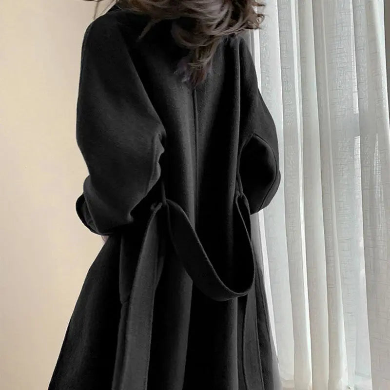 Winter Trench Coat For Women Elegant Fashion Korean Casual Wool Coat Navy Blue Lace-up Long Jacket  Black Woman Coat With Blet