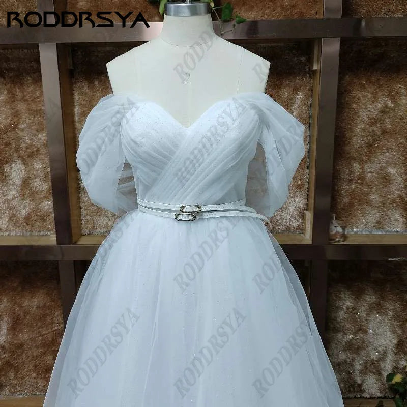 RODDRSYA Bling Glittter Boho Wedding Dresses For Women Off Shoulder Sweetheaart Net Tulle Beach Tea Length Bridal Gowns Lace Up