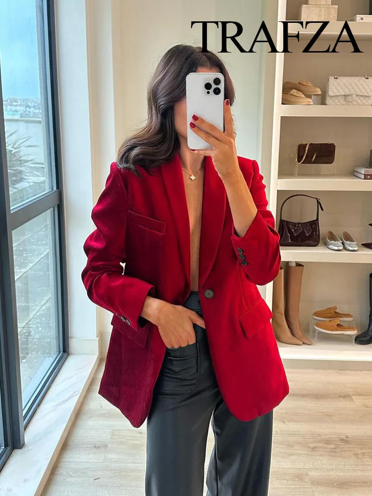 TRAFZA Women Spring Chic Jacket Coats Red Turn Down Collar Long Sleeves Pockets Decorate Single Button Female Fashion Blazers