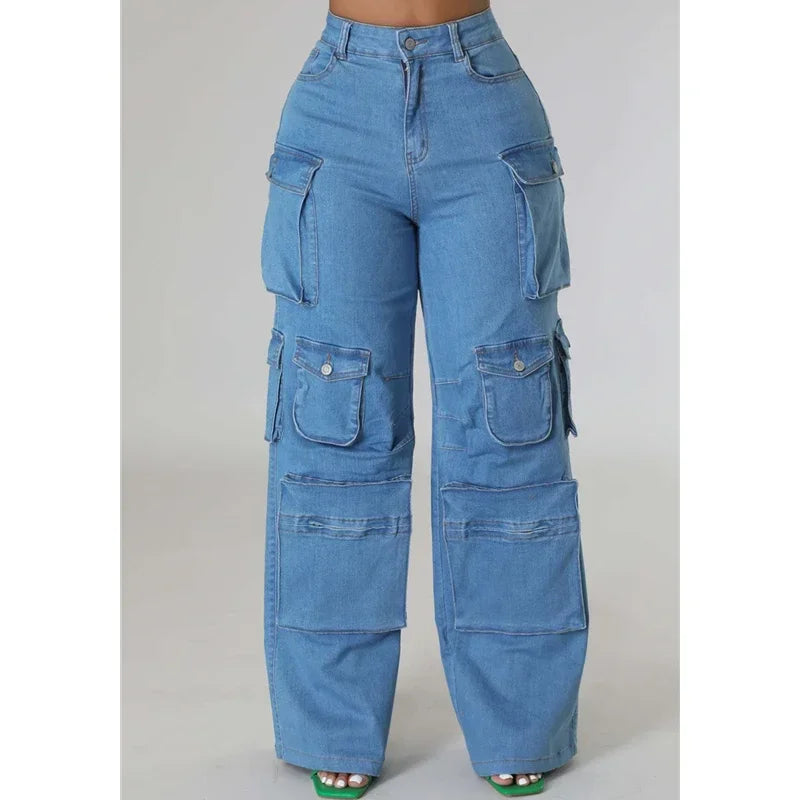 ZOMIGHT Pockets Wide Leg Woman Blue Cargo Jeans Womens Vintage High Waist Baggy Denim Pants Casual Loose Trousers Streetwears