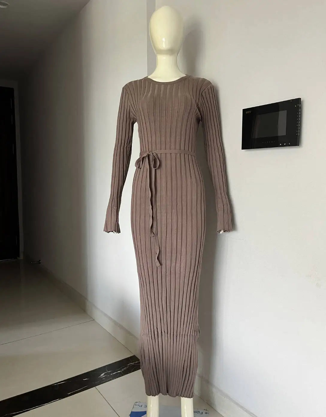 Lace-Up Female Knit Maxi Dress Autumn High Waist Fashion Patchwork Long Sleeve Loose Solid Dress Bandage Knitwear Dress