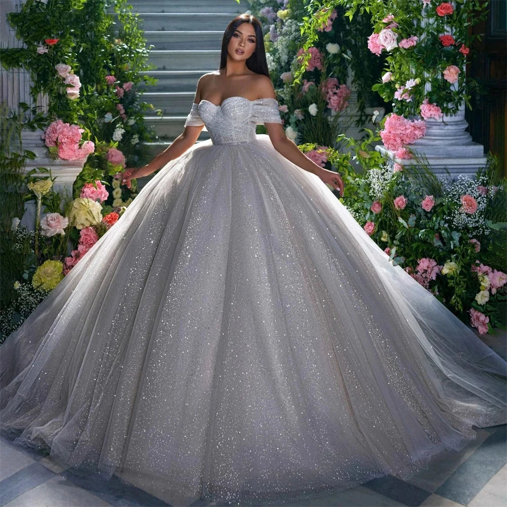 2023 Gorgeous Shiny Wedding Dresses Women's Bohemian Sexy Off Shoulder Tulle Fluffy Pleated Princess Bridal Gowns Shiny Vestido