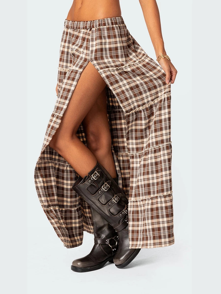 Y2k Vintage Plaid Long Skirts Chic Side High Split Elastic Waist Tiered Midi Skirts Harajuku 2000s Retro Skirts Fairy Grunge