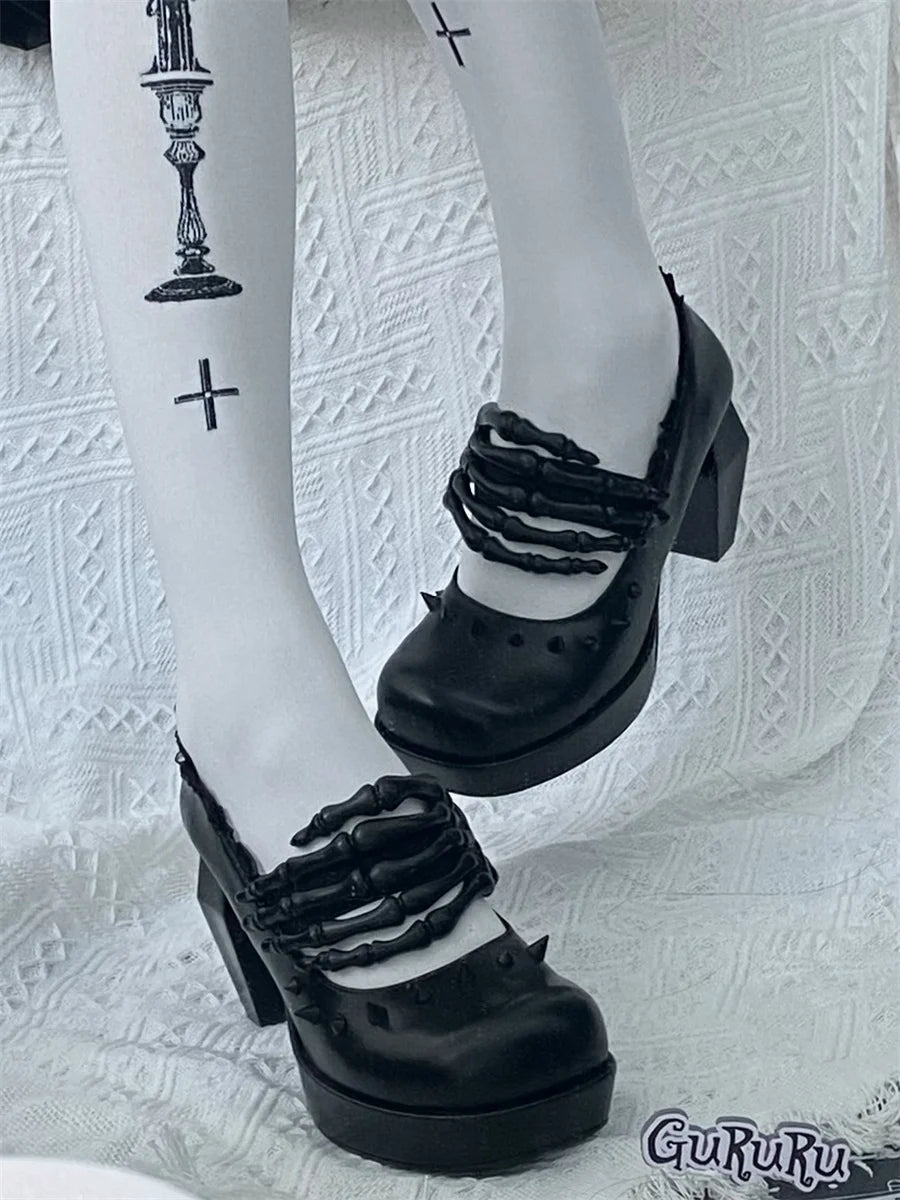 Antique Dark Punk Style Goth Girls Shoes Lolita Cosplay Round Head Thick Bottom Cross Rivet Lace Skull 8cm High Heel Shoes