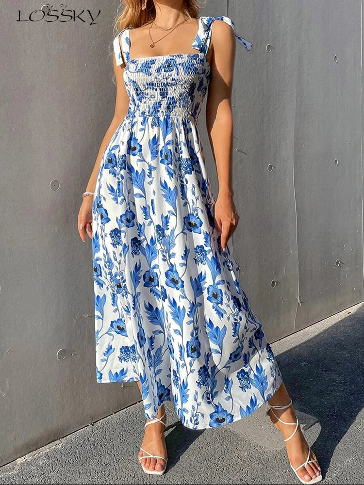 Floral Long Dress Women Fashion Backless Sleeveless Bandage Beach Sundress Casual Green Summer Ladies New In Dresses 2023