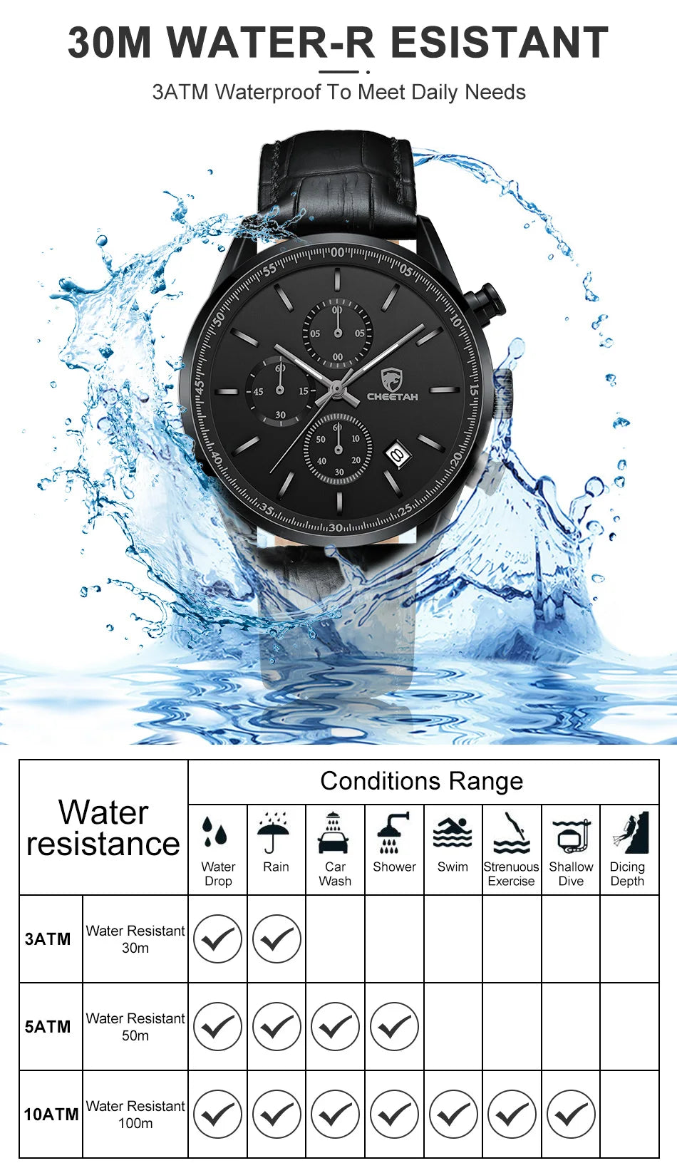 New Fashion Men Watch CHEETAH Waterproof Quartz Chronograph Sport Wristwatch Leather Business Casual Male Clock Auto Date