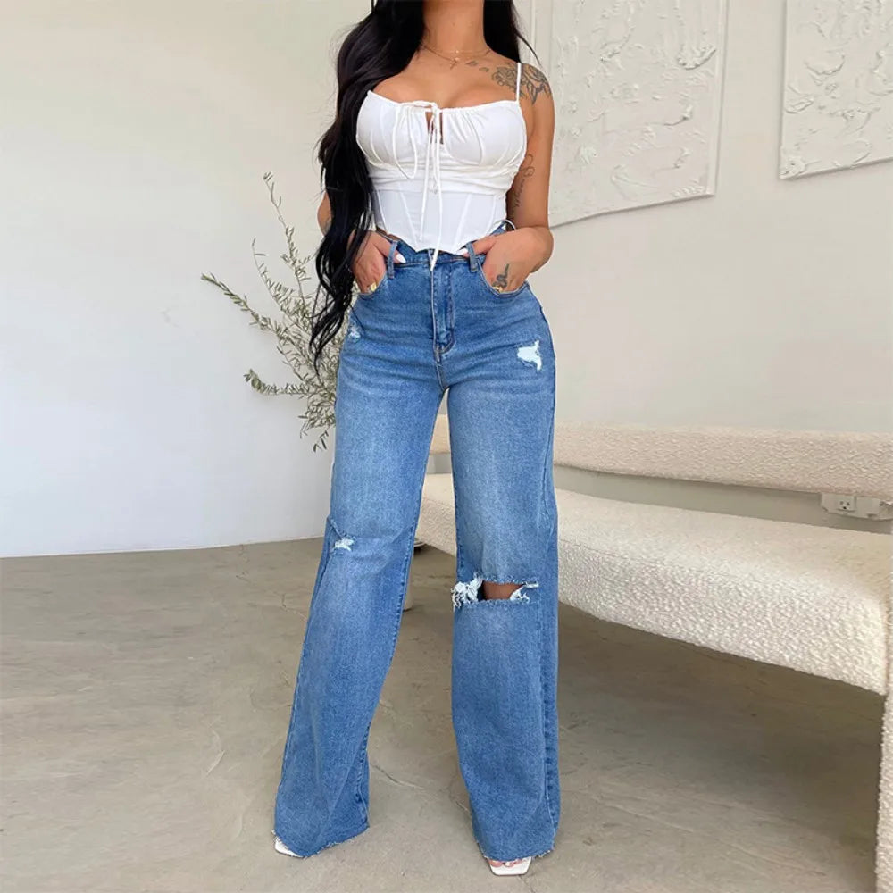 2023 Fall New Women's High Waist Ripped Jeans Fashion Loose Denim Wide Leg Pants Casual Female Trousers S-2XL Drop Shipping