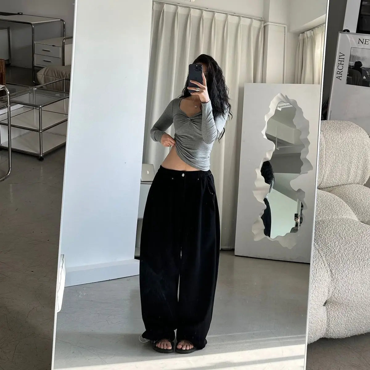 QWEEK Oversized Women Grey Sweatpants Y2k America Style Retro Baggy Pants Casual Sports Streetwear Hip Hop Trousers Joggers