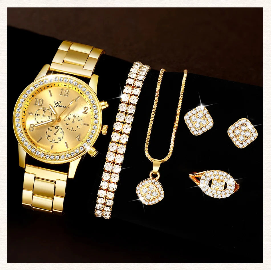 6PCS Set Golden Luxury Watch Women Ring Necklace Earring Rhinestone Fashion Wristwatch Casual Ladies Bracelet Watches