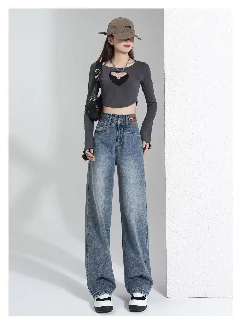 Vintage High-waisted Slimming Jeans Women's Straight-leg Pants Hong Kong Style Bell Bottoms Trendy Gradient Pants For Women