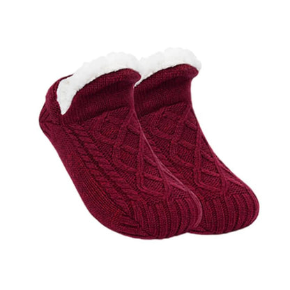 Wine Red Winter Fuzzy Slipper Socks – Soft, Warm, Short Cotton Home Socks with Grip