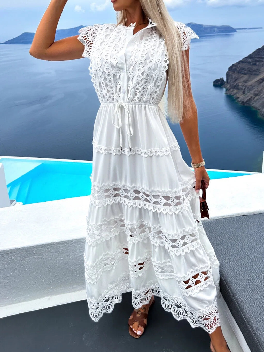 Women Summer Dress Lace Hollowed Out Splicing Retro Romantic Round Neck Seaside Beach A Ling Dresses have Lining