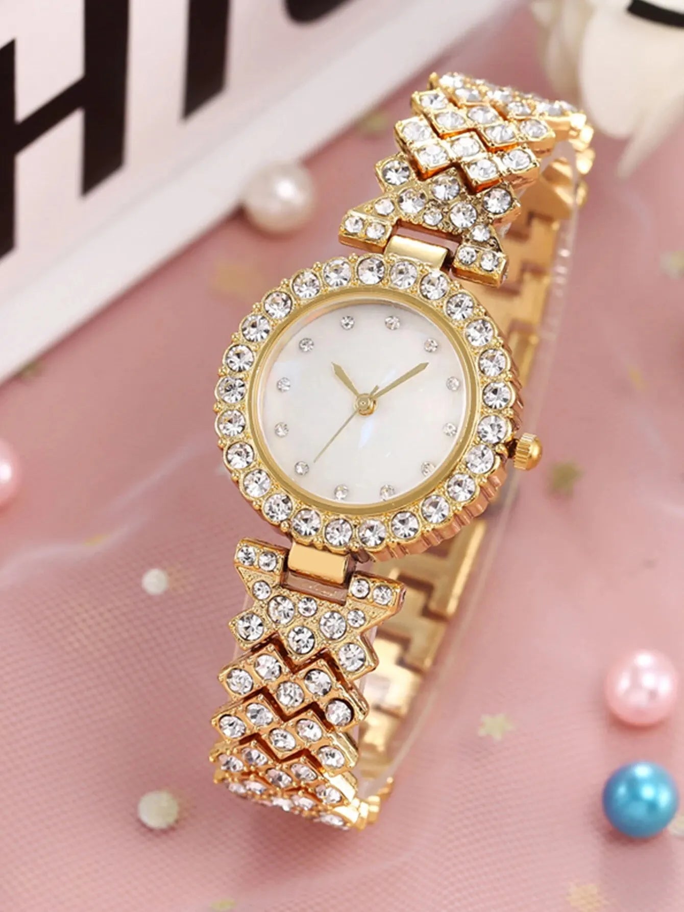 6Ps Women's Fashion Trend Luxury Luxury Rhinestone Roman Shell Quartz Watch Butterfly Rhinestone Necklace Ring Bracelet Gift Set