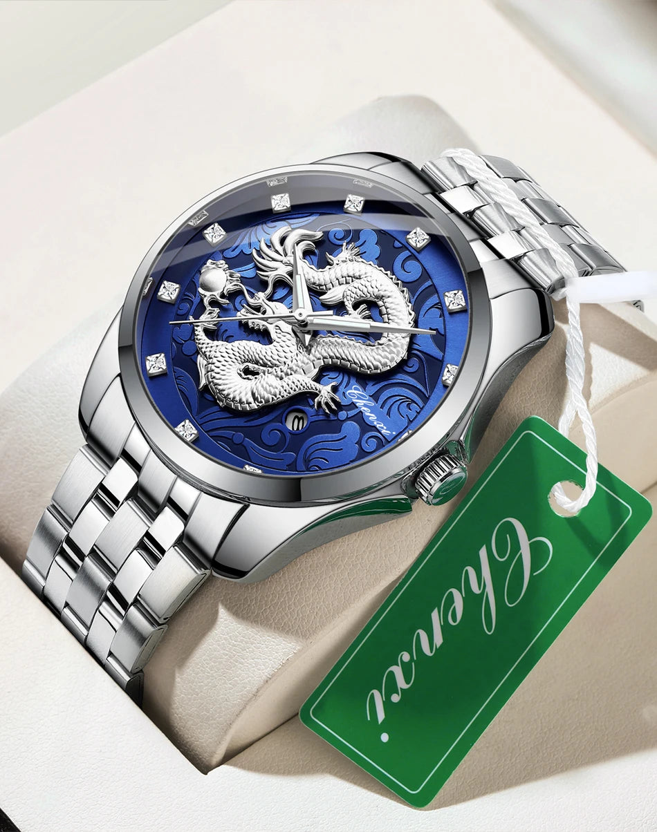 Chenxi 8220 Dragon Totem Embossed Calendar Waterproof Men's Chinese Style Wrist Watch Steel Band Business