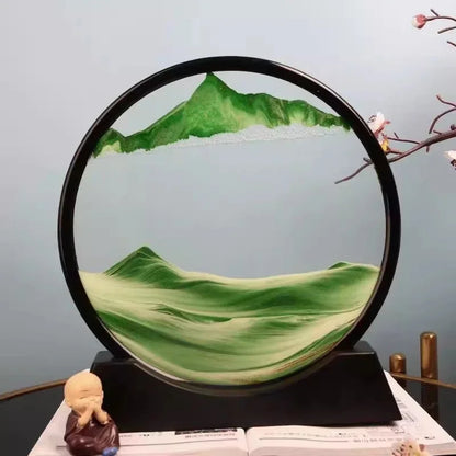 Green 3D Moving Sand Art – Deep Sea Round Glass Hourglass Quicksand Picture for Home, Office, and Gift Decor
