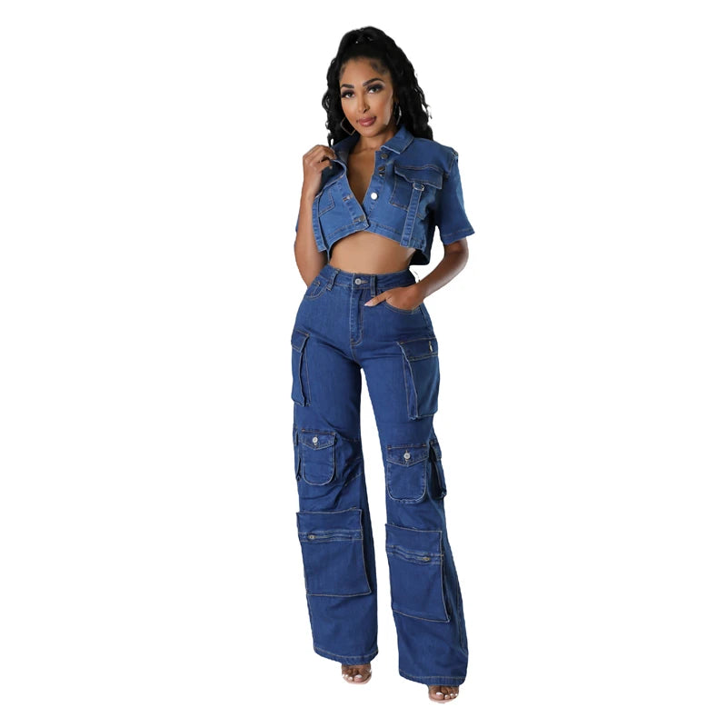 ZOMIGHT Pockets Wide Leg Woman Blue Cargo Jeans Womens Vintage High Waist Baggy Denim Pants Casual Loose Trousers Streetwears