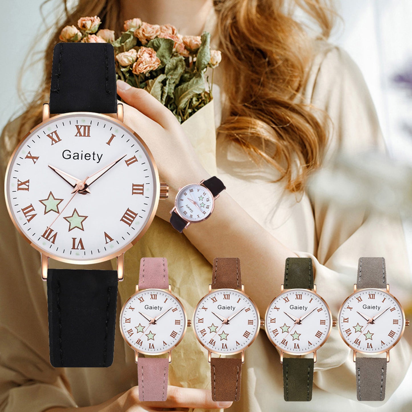 Star Printed Small Dial Quartz Watch Temperament Ladies Suede Belt Watch Waterproof Luminous Quartz Watch Reloj Para Mujer