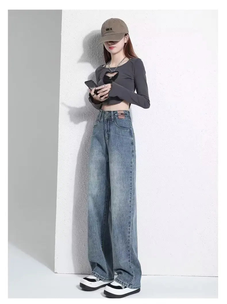 Vintage High-waisted Slimming Jeans Women's Straight-leg Pants Hong Kong Style Bell Bottoms Trendy Gradient Pants For Women