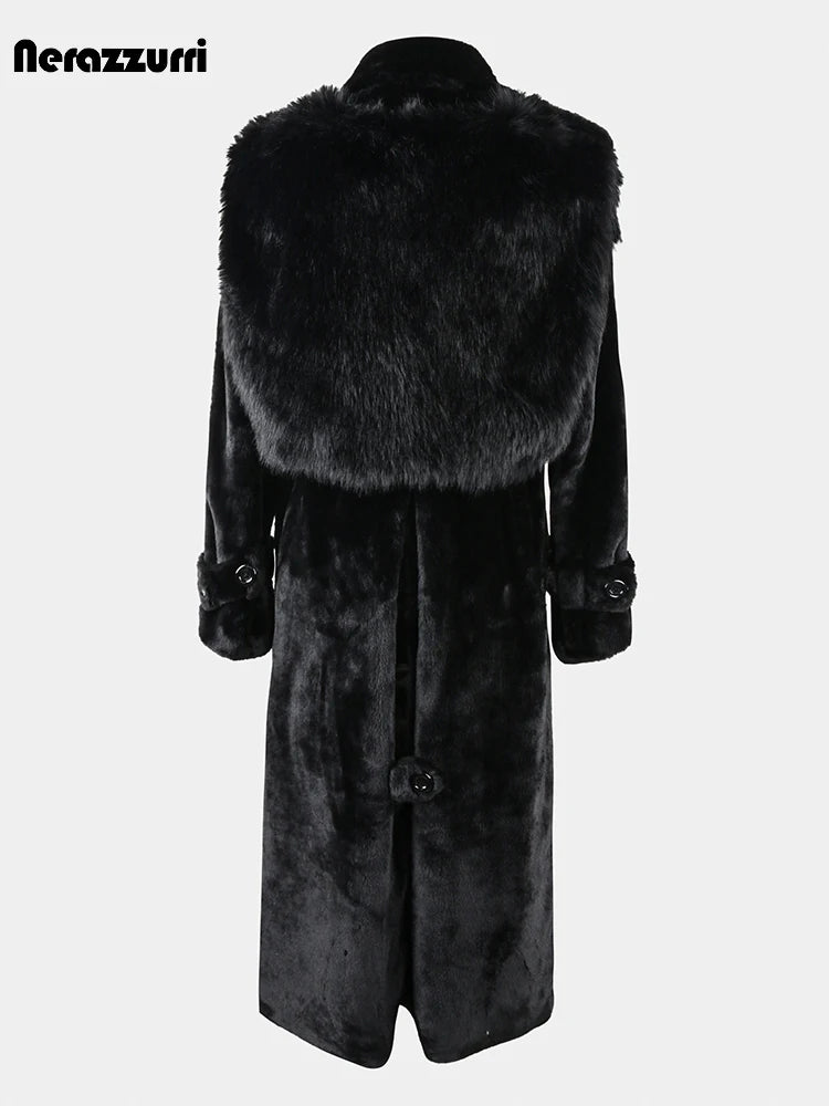 Nerazzurri Winter Long Black Fluffy Faux Fur Trench Coat for Women with Detachable Fake Fox Fur Vest Luxury Designer Clothes