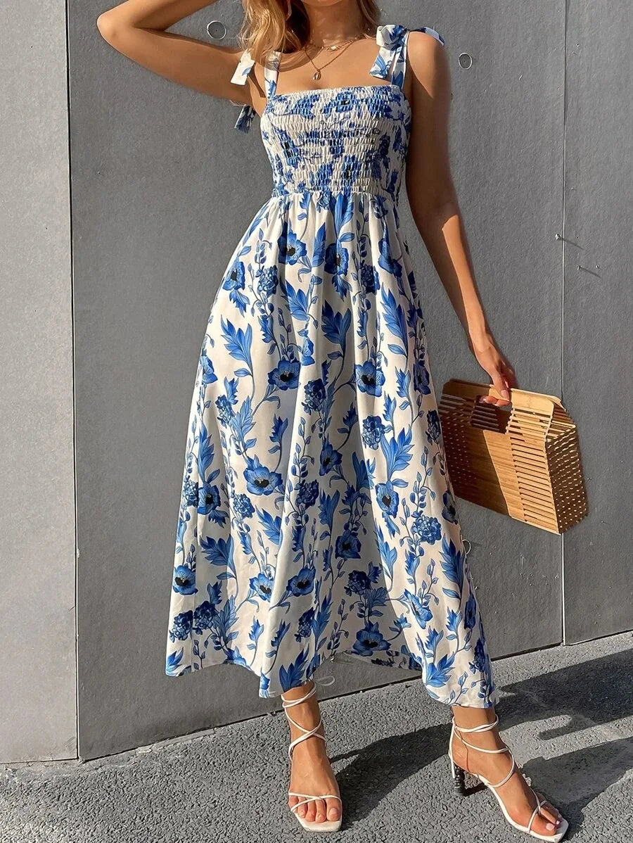 Floral Long Dress Women Fashion Backless Sleeveless Bandage Beach Sundress Casual Green Summer Ladies New In Dresses 2023