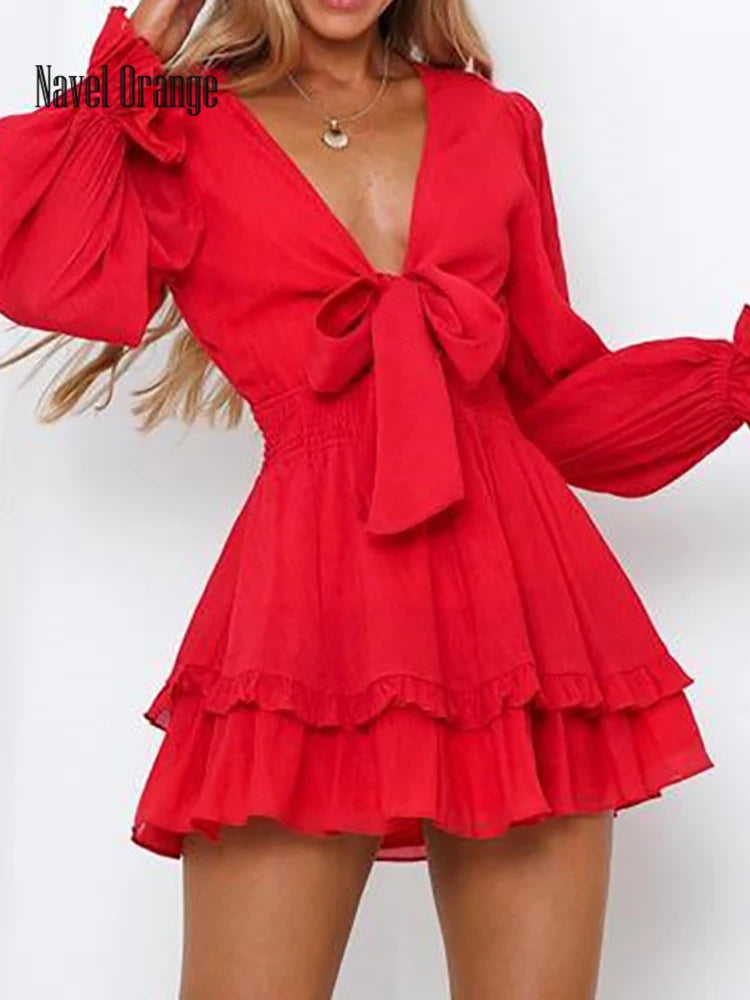 Sexy Cascading Ruffles Women Long Sleeve Mini Dress Deep V-Neck Lace-Up Casual Ladies Party Dress Sweet Streetwear Dropshipping