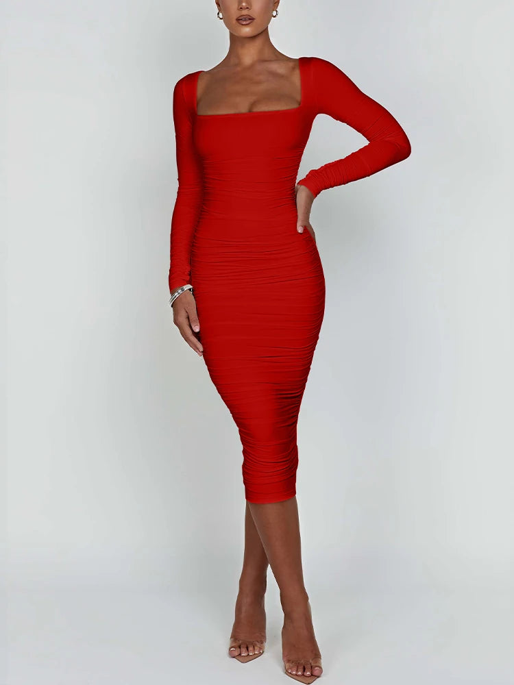 Autumn and Winter Women Bodycon Dress Square Neck Long Sleeved Ladies Evening Dresses