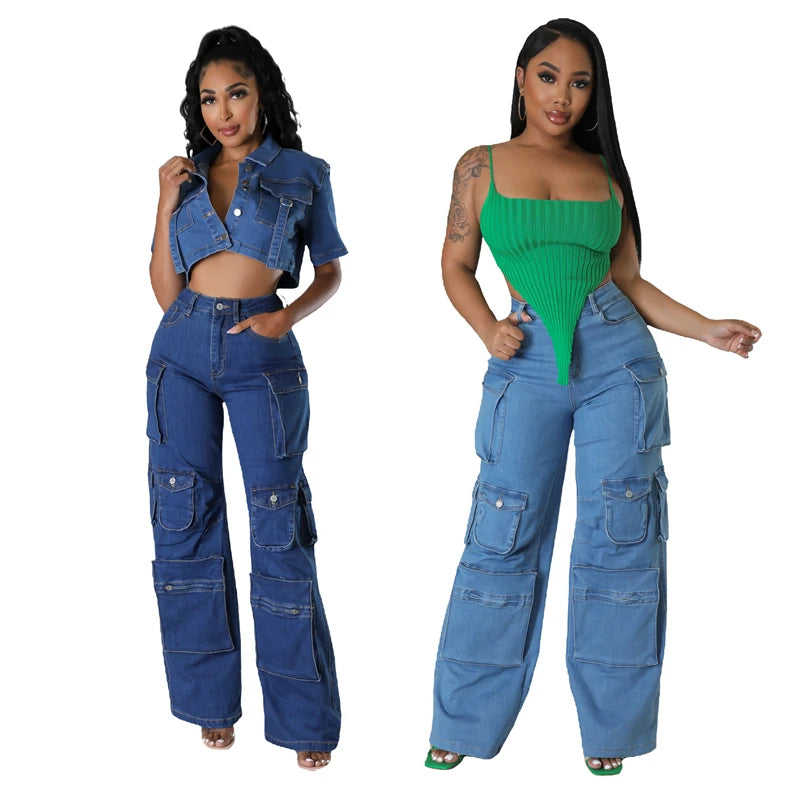 ZOMIGHT Pockets Wide Leg Woman Blue Cargo Jeans Womens Vintage High Waist Baggy Denim Pants Casual Loose Trousers Streetwears