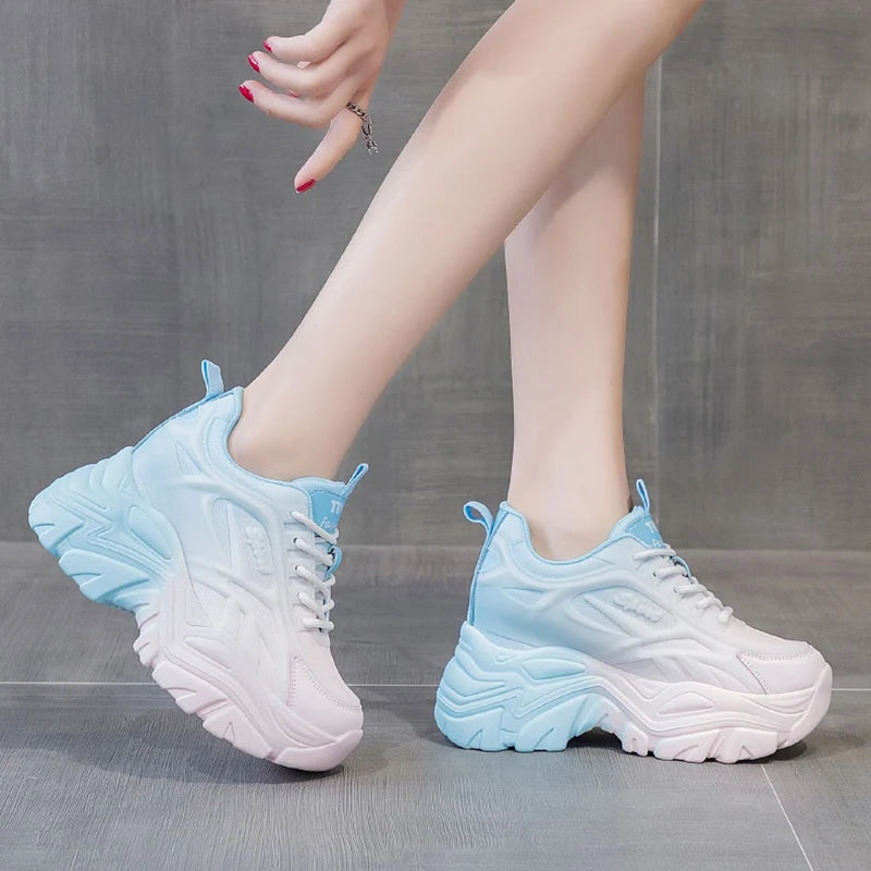 Women's Mix Color Chunky Sneakers 2023 Spring Breathable Mesh Platform Sports Shoes Woman Lace Up Thick Sole Casual Shoes Mujer