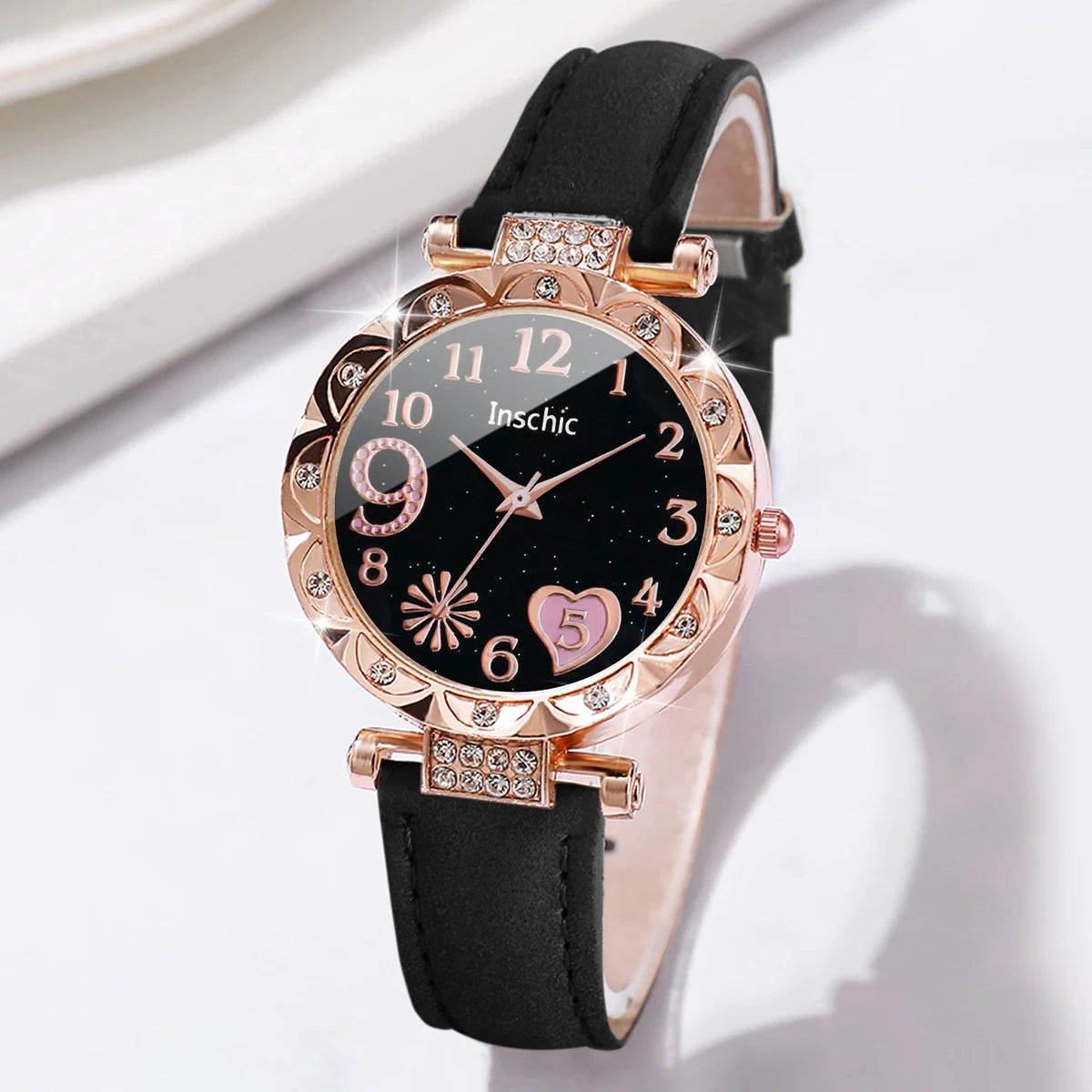 6PCS/Set Women's Watches Fashion Rhinestone Heart Dial Leather Band Quartz Watch Leaf Bracelets Set(Without Box)