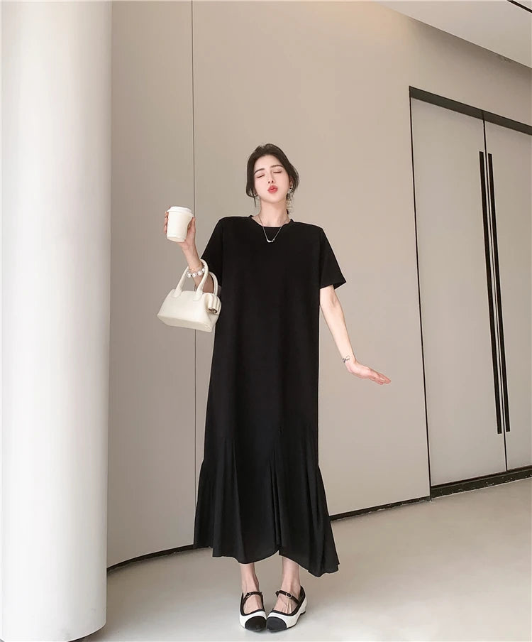 NYFS 2024 Summer New Korea Irregular Woman Dress Vestidos Robe Elbise Loose Plus Size Patchwork Short Sleeve Long Dress