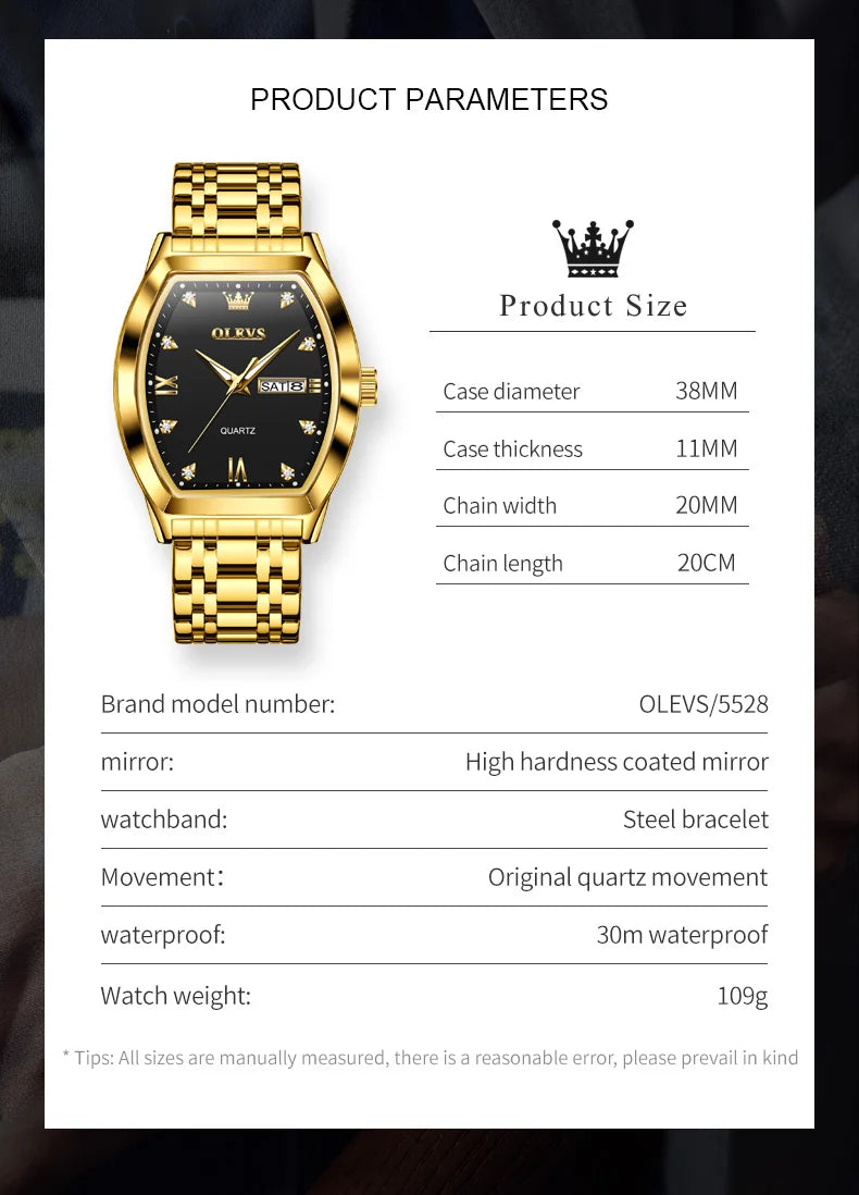 OLEVS 5528 Quartz Men's Watch Luxury Brand Diamond Business Stainless Steel Waterproof Tonneau dial Gold Watch Reloio Masculino