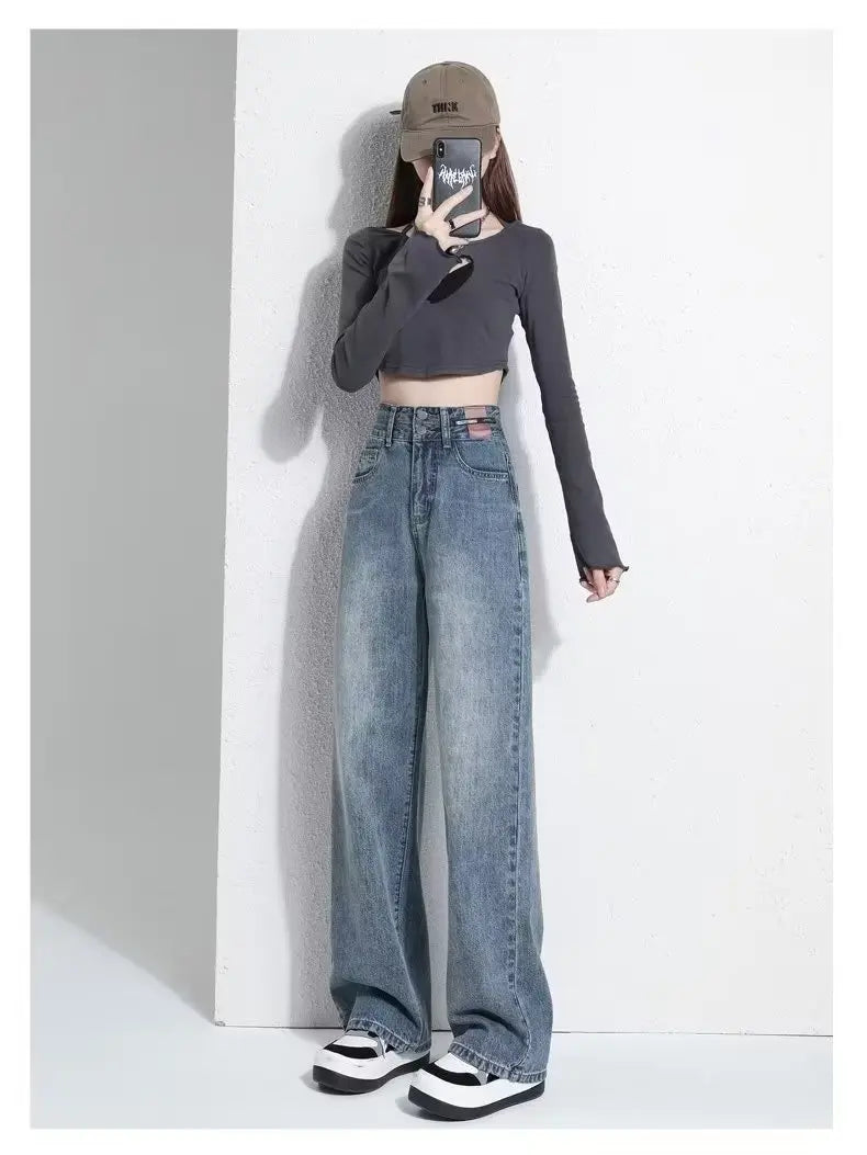 Vintage High-waisted Slimming Jeans Women's Straight-leg Pants Hong Kong Style Bell Bottoms Trendy Gradient Pants For Women