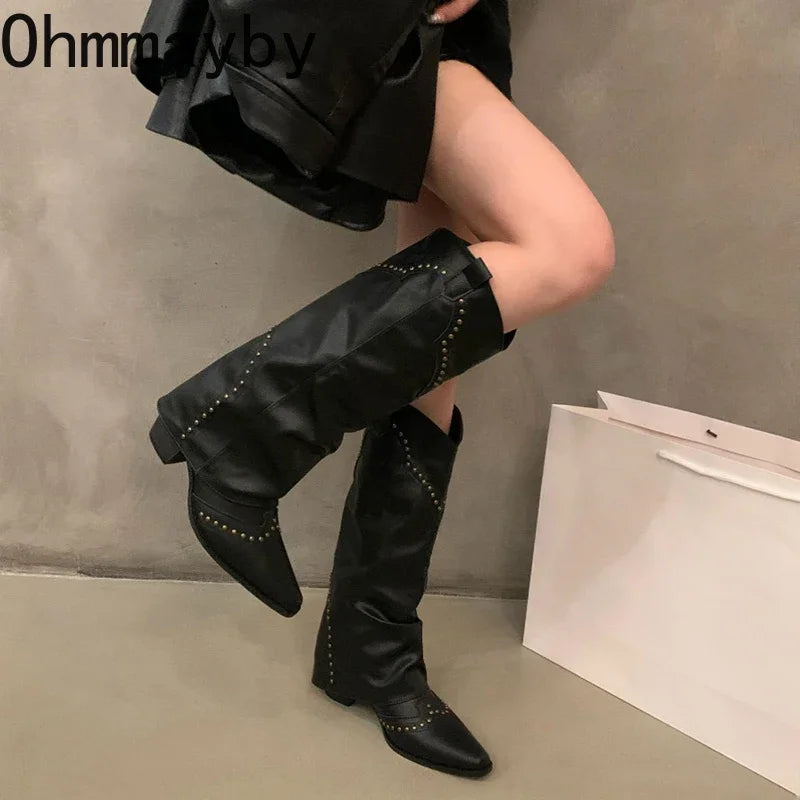 Autumn Winter Women Knee-High Boots Retro Style Western Knight Booties Pointed Toe Square Heels Female Shoes