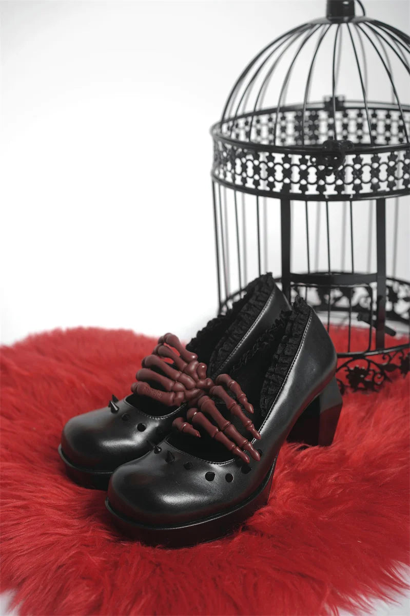 Antique Dark Punk Style Goth Girls Shoes Lolita Cosplay Round Head Thick Bottom Cross Rivet Lace Skull 8cm High Heel Shoes