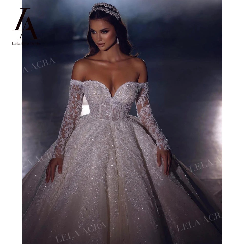 Off the Shoulder Ball Gown Wedding Dress 2024 Long Sleeve Chapel Train Princess Bride LelaAcra SM103 Custom Vestido de Noiv